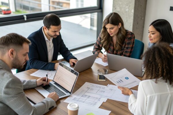 A group of business professionals working together at a conference table with laptops, documents, and charts, discussing strategies in a modern office setting.
