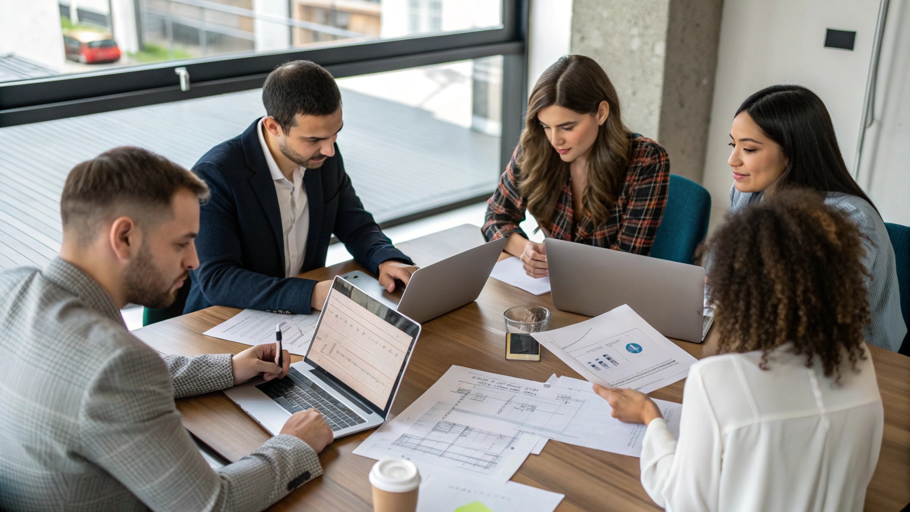 A group of business professionals working together at a conference table with laptops, documents, and charts, discussing strategies in a modern office setting.