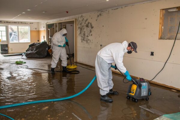 Restoration workers in protective suits cleaning a flooded basement with mold on the walls, using professional water extraction and dehumidifying equipment.