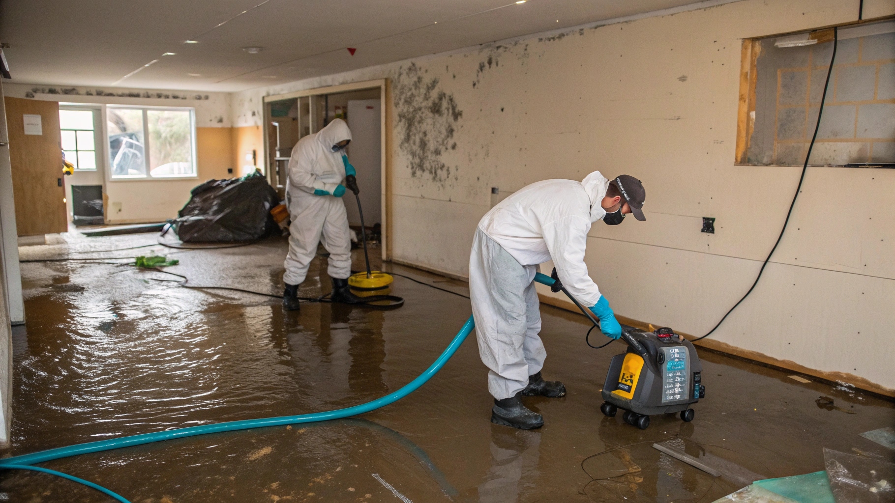 Restoration workers in protective suits cleaning a flooded basement with mold on the walls, using professional water extraction and dehumidifying equipment.
